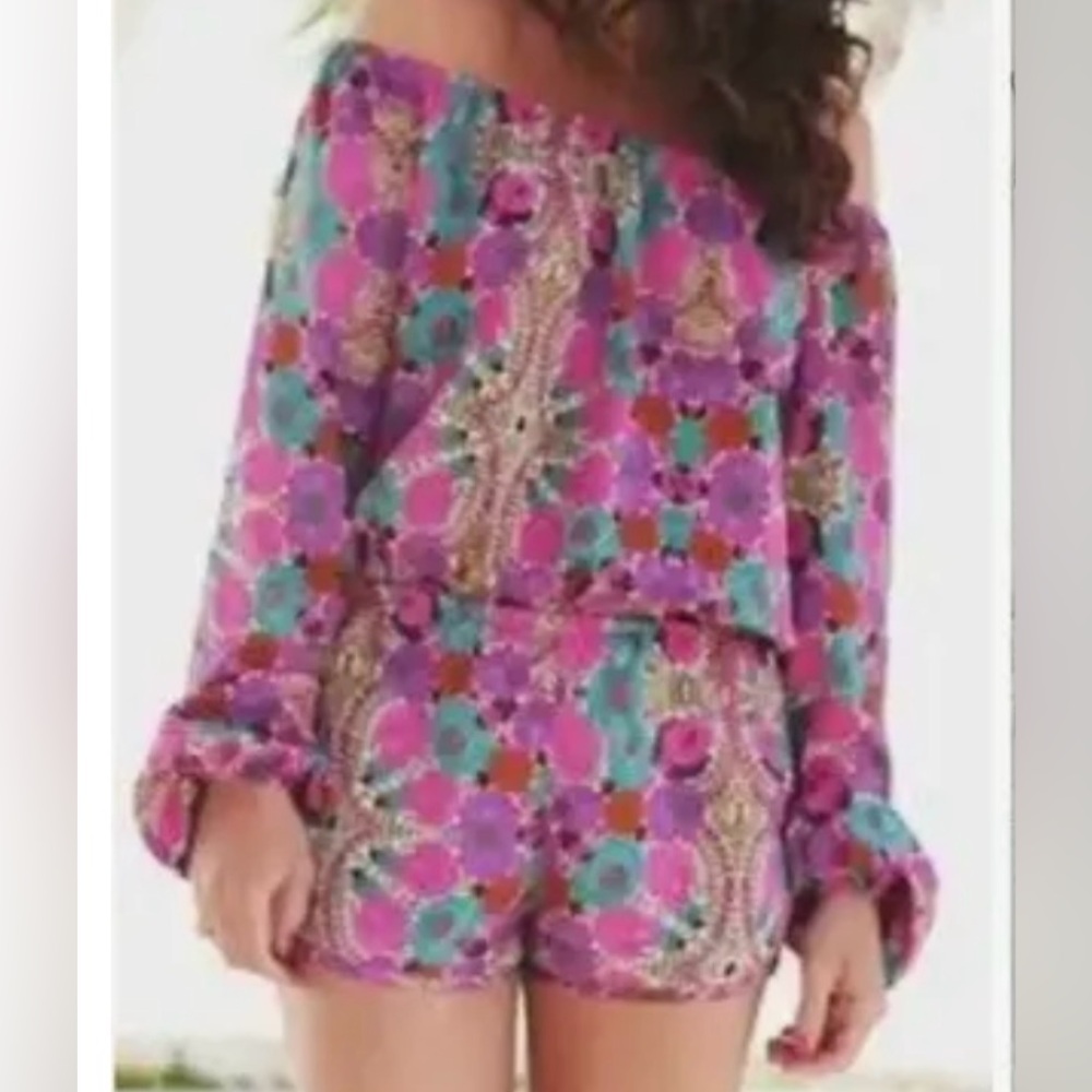 Show Me Your MuMu Pink & Teal Floral Off-Shoulder Romper